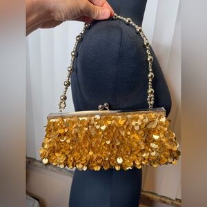 Gold Sequined Clutch Purse Beaded Strap